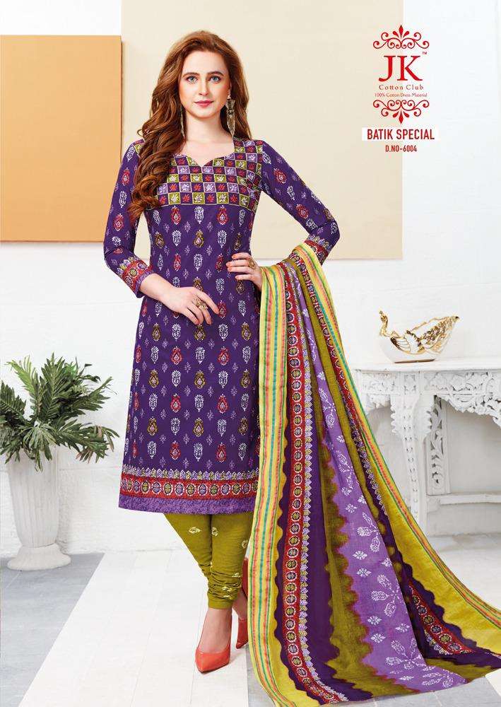 BATIK SPECIAL VOL-6 BY JK COTTON CLUB 6001 TO 6010 SERIES DESIGNER PATIYALA SUITS BEAUTIFUL FANCY COLORFUL STYLISH PARTY WEAR & ETHNIC WEAR COTTON PRINTED DRESSES AT WHOLESALE PRICE